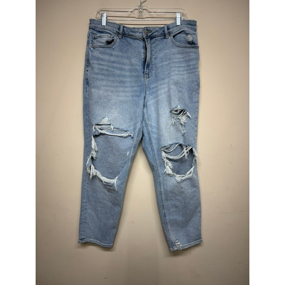 American Eagle Mom Jeans Women sz 14‎ Distressed Stretch Denim Blue HIgh Waist
